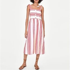 ZARA Trafaluc‎ Red White Striped Tie Shoulder Midi Dress Button Bust Size Large